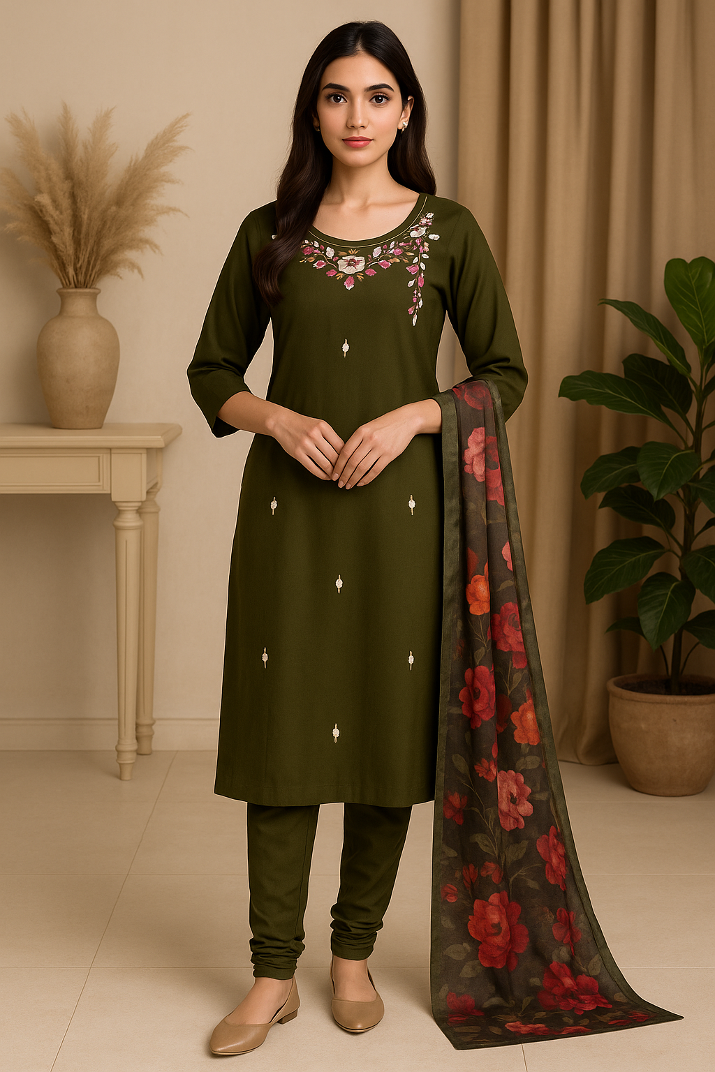 Olive Green Pakistani Suit - 3 Piece Embroidered Salwar Kameez with Floral Neck Design - Premium Ethnic Wear | Hamnaas Outlet